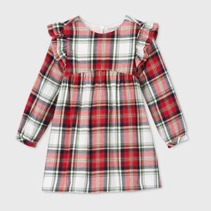 Cat & Jack Holiday Plaid Long Sleeve Dress with Ruffle Details